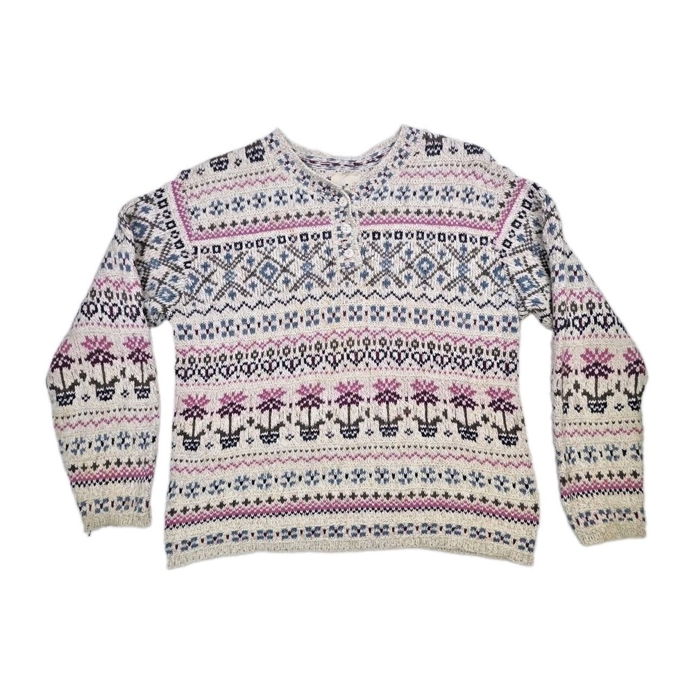 Vtg Fair Isle Sweater Wool Blend Women's XL Henley Northern Refections Canada
